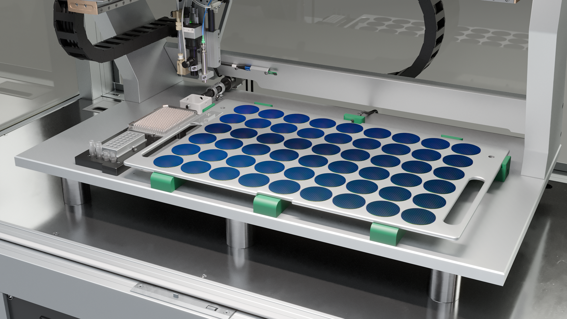 iONE Microarray Printer view inside to show a custom target tray system with silicon wafers